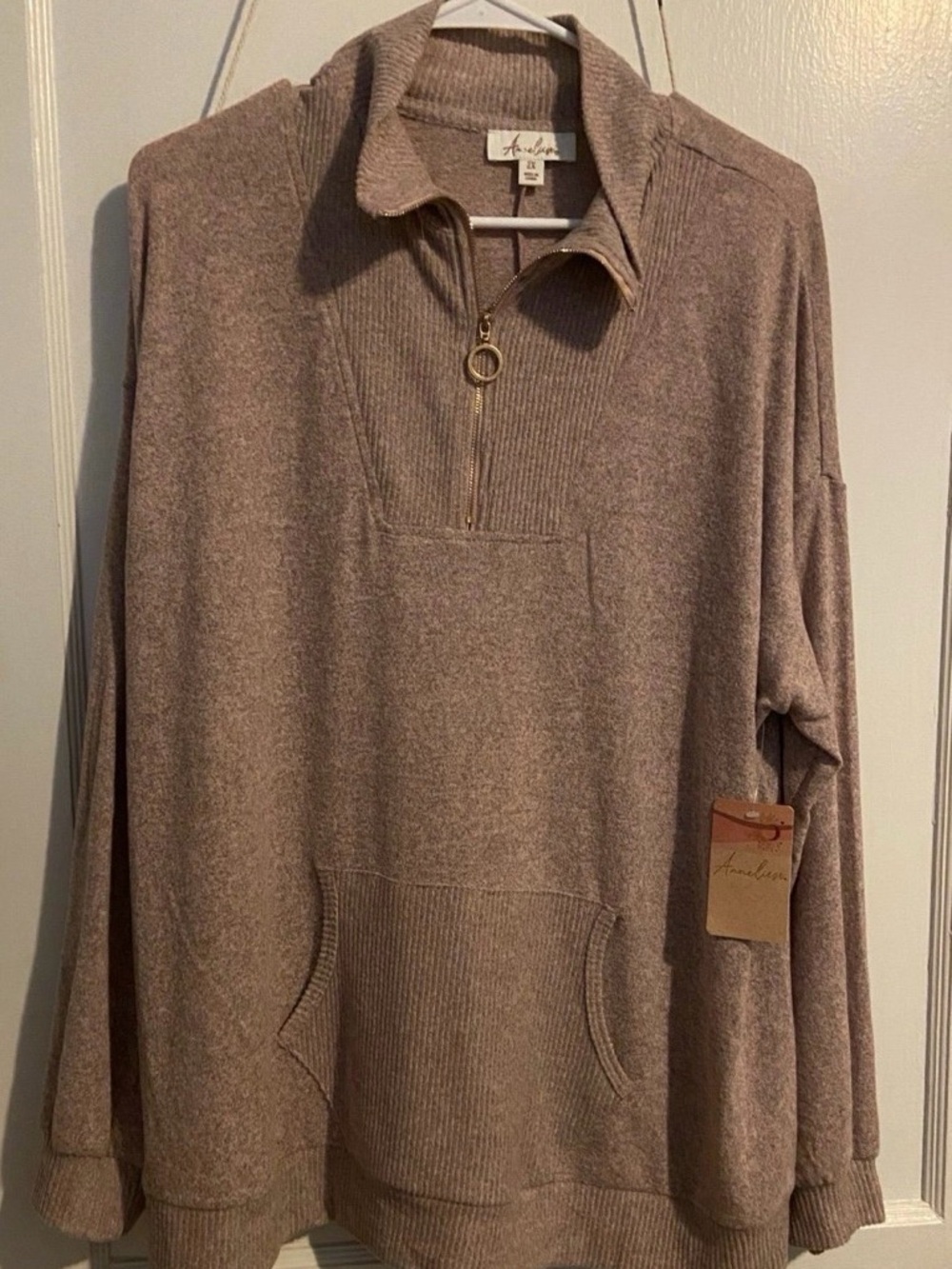 AnneLeise Taupe-Rose Half-Zip Pullover with Ring Zipper